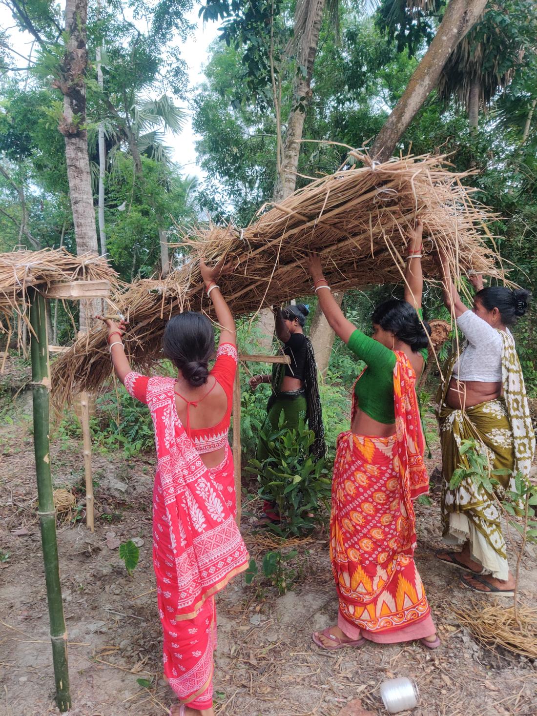 Women lifting a hay thatch roof onto a bamboo frame to build a bird shelter.