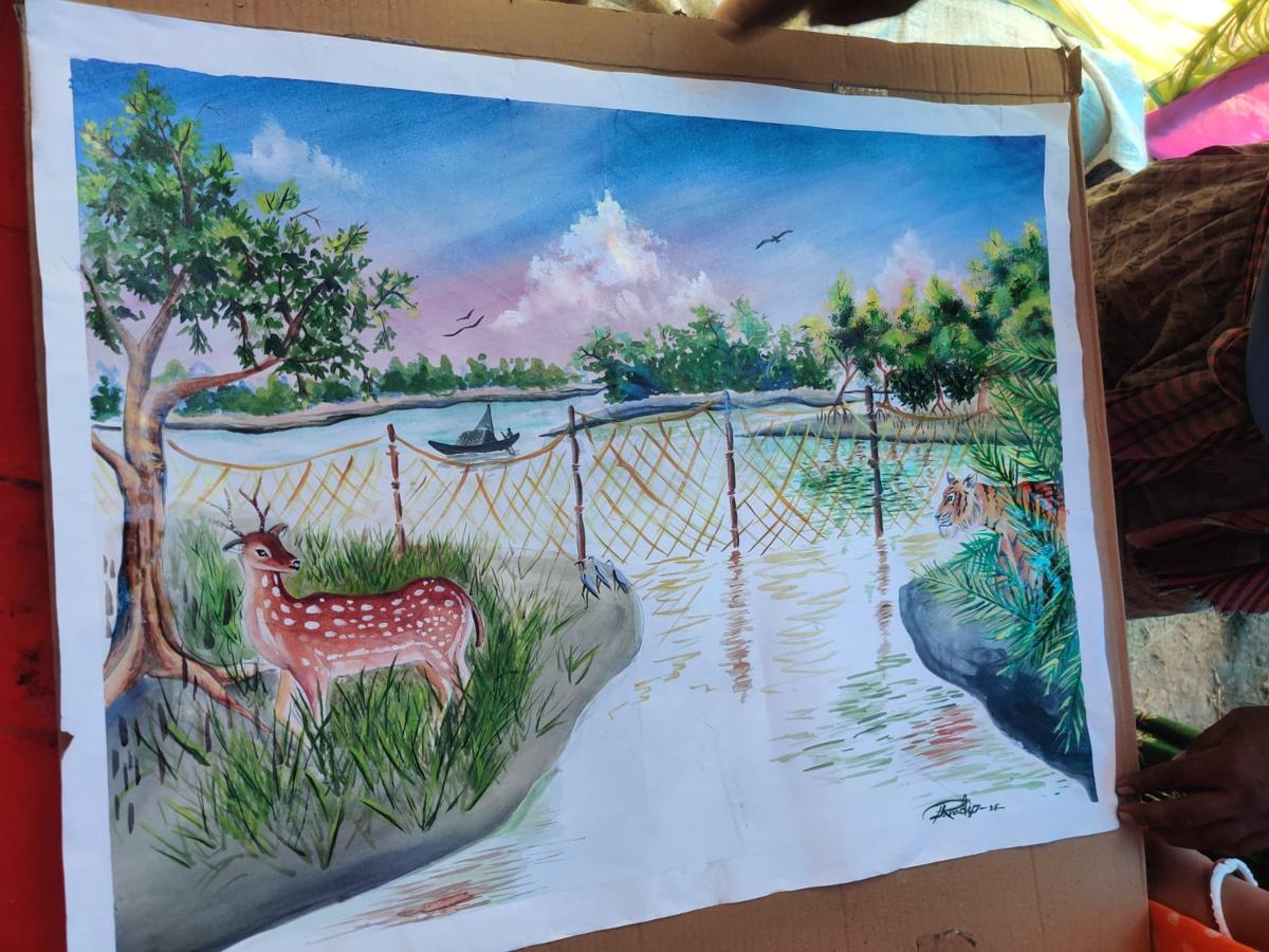 A watercolour painting of the Sundarbans: a spotted deer on the village side, a tiger in the forest, and a long nylon net fence between them along the river.